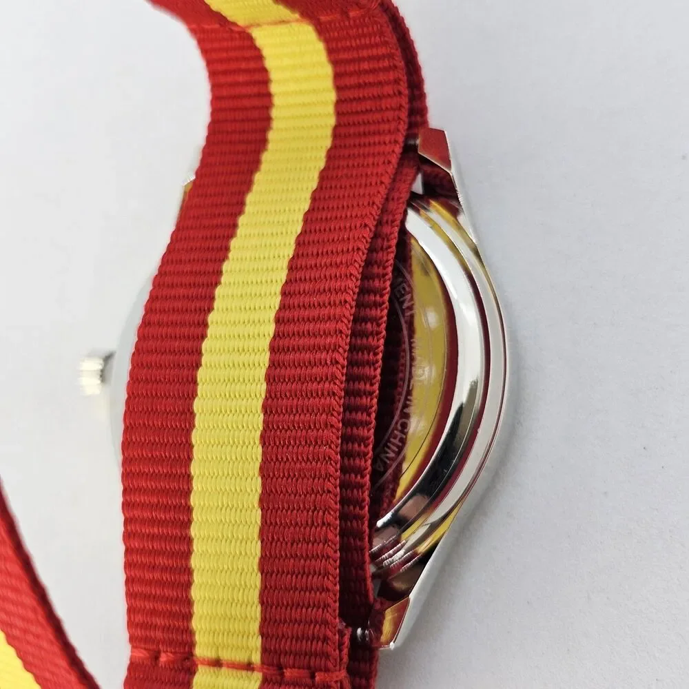 Men's 42MM Field Watch Black Dial‎ Gray Case Red Yellow Canvas Band Strap